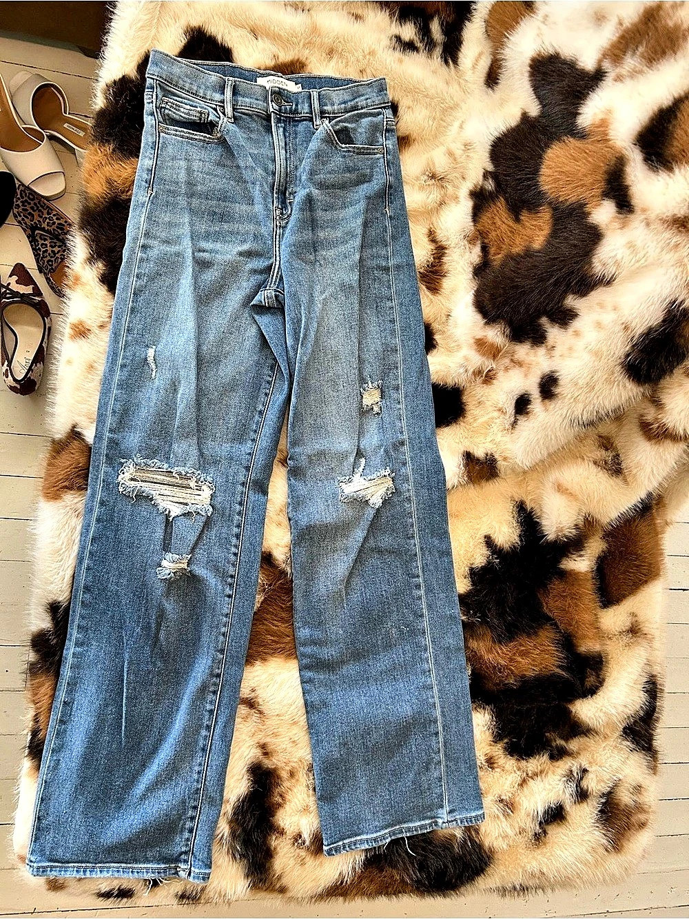 HIDDEN High Rise Straight Distressed Straight Leg Jeans in Blue Waist 27